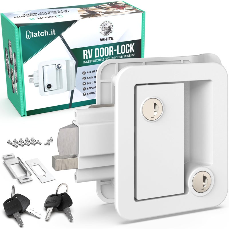 LATCH.IT White RV Door Lock Replacement | All Metal RV Door Handle Fits 2.75"x3.75" Holes | Trailer Door Latch with 4 Keys Included | RV Door Latch for Trailer, Camper, Fifth Wheel and More! - Image 1